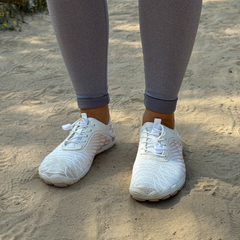 The Wide-Toe Barefoot Walker in White, worn
