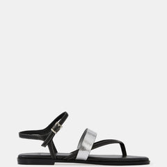 Diego Flat Sandals Black/Crinkle Silver Leather