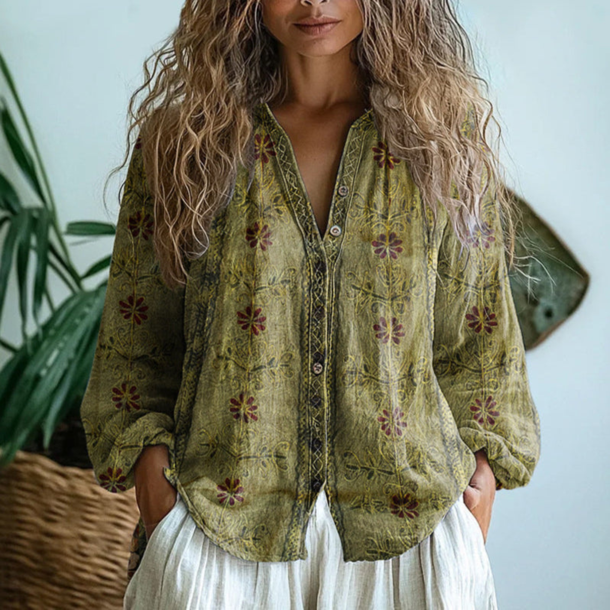 Helena Linen Button-Down Blouse