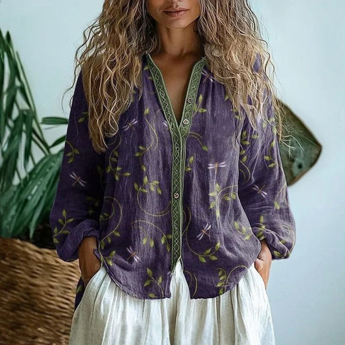 Helena Linen Button-Down Blouse