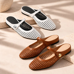 The Woven Mary Jane Mule, white and brown pairs together