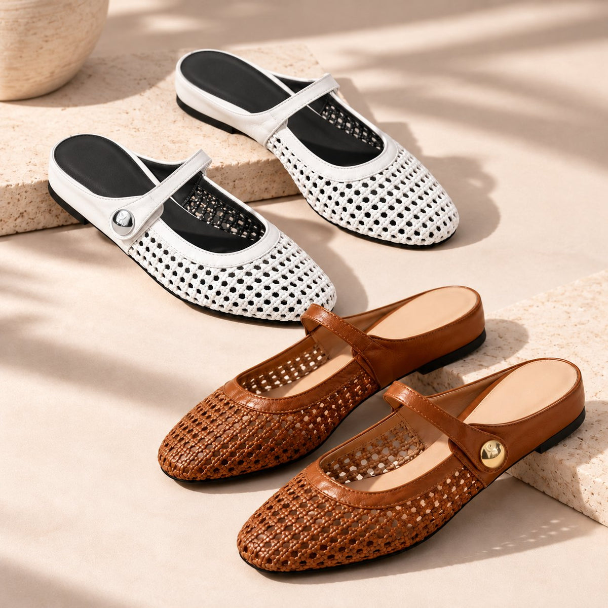 The Woven Mary Jane Mule, white and brown pairs together