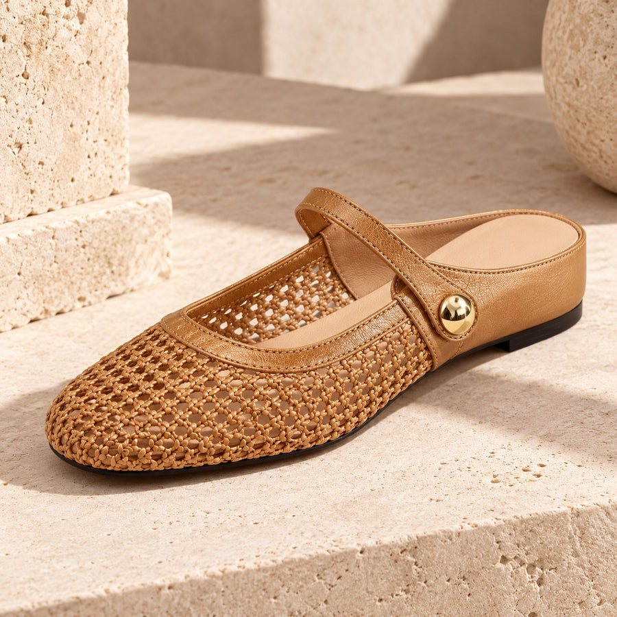 The Woven Mary Jane Mule in Camel, detail view