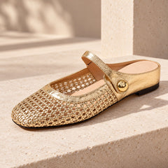 The Woven Mary Jane Mule in Gold, detail view