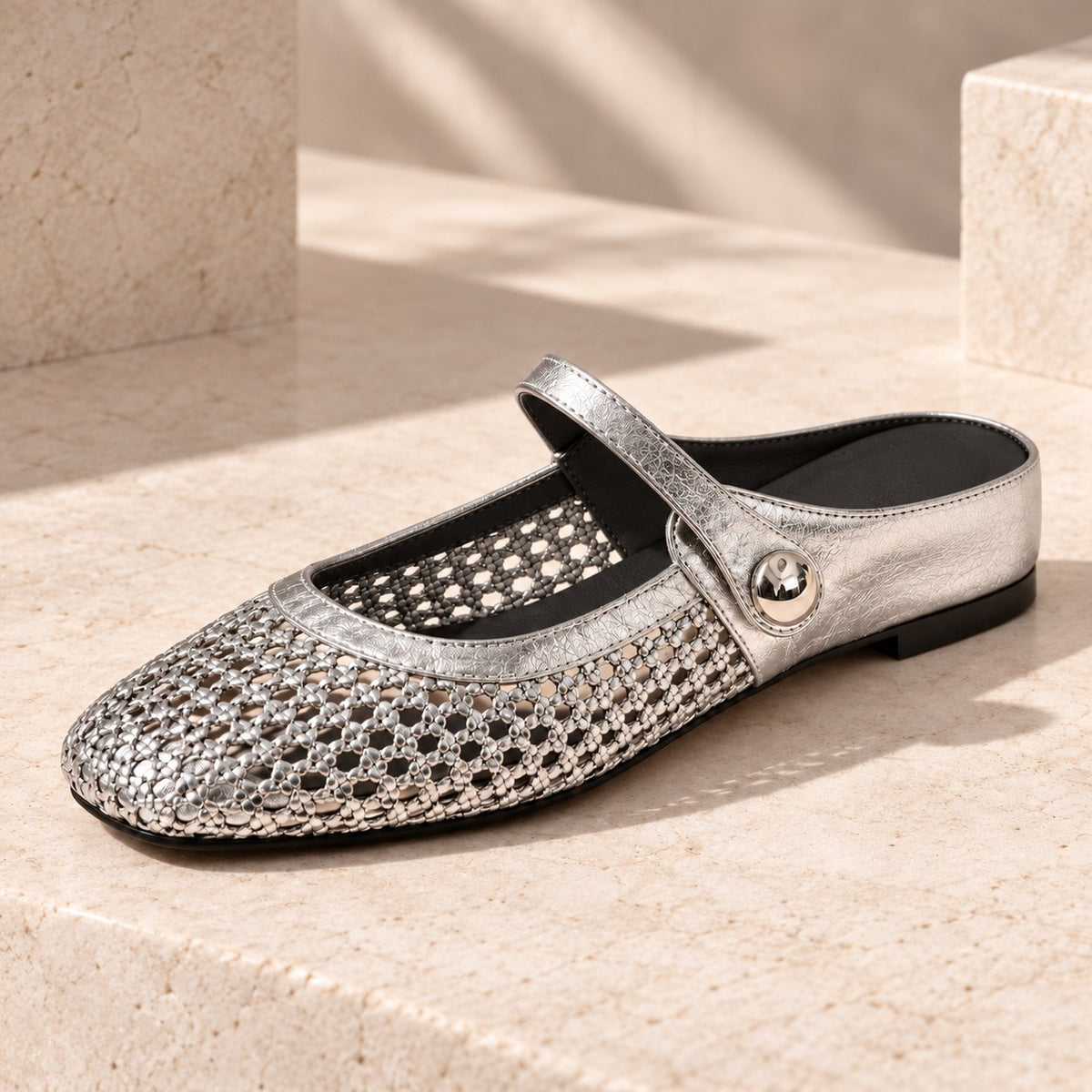 The Woven Mary Jane Mule in Silver, detail view